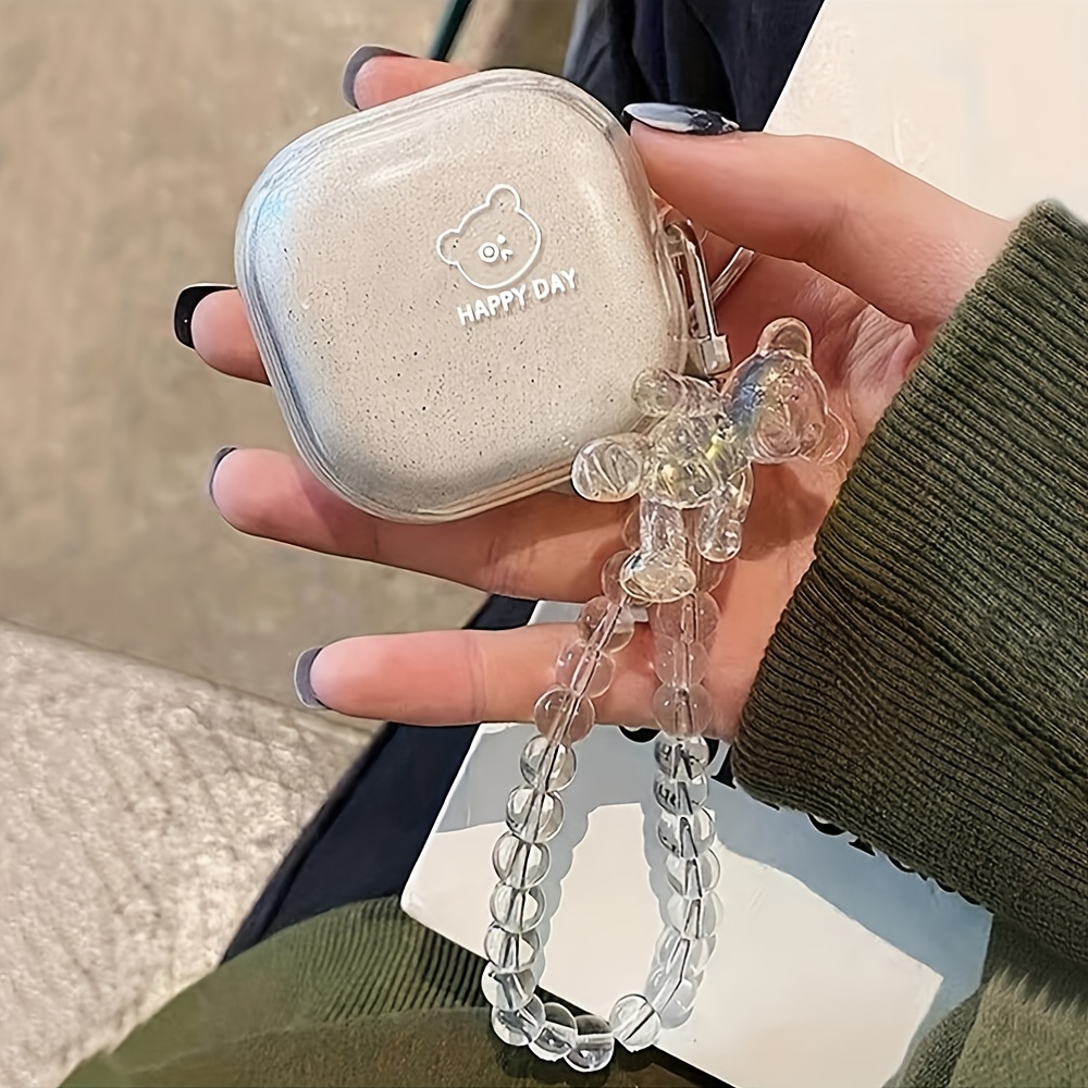 TEMU 화이트 라인 곰돌이 삼성 무선 이어폰 케이스 보호 커버, 갤럭시 미끄럼 방지 및 스크래치 방지 보호 케이스