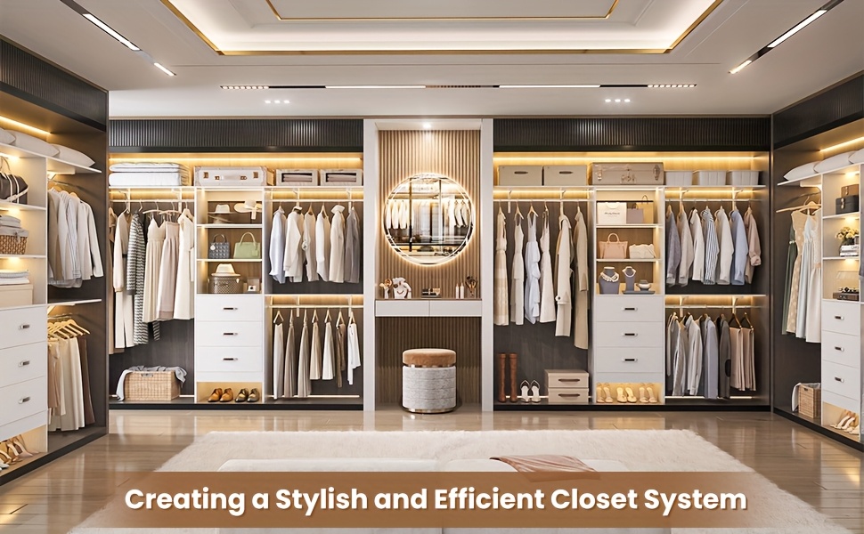 Closet System with Drawer - 8ft Wood Closet Organizer System with 3 Hanging Rods And Shelving Tower, 96