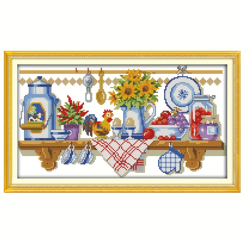 

Joy Sunday Kitchen Corner Cross Stitch Print Kit - Seasonal Food And Drink Theme, Mixed Colors, Fabric Material, Suitable For All Seasons