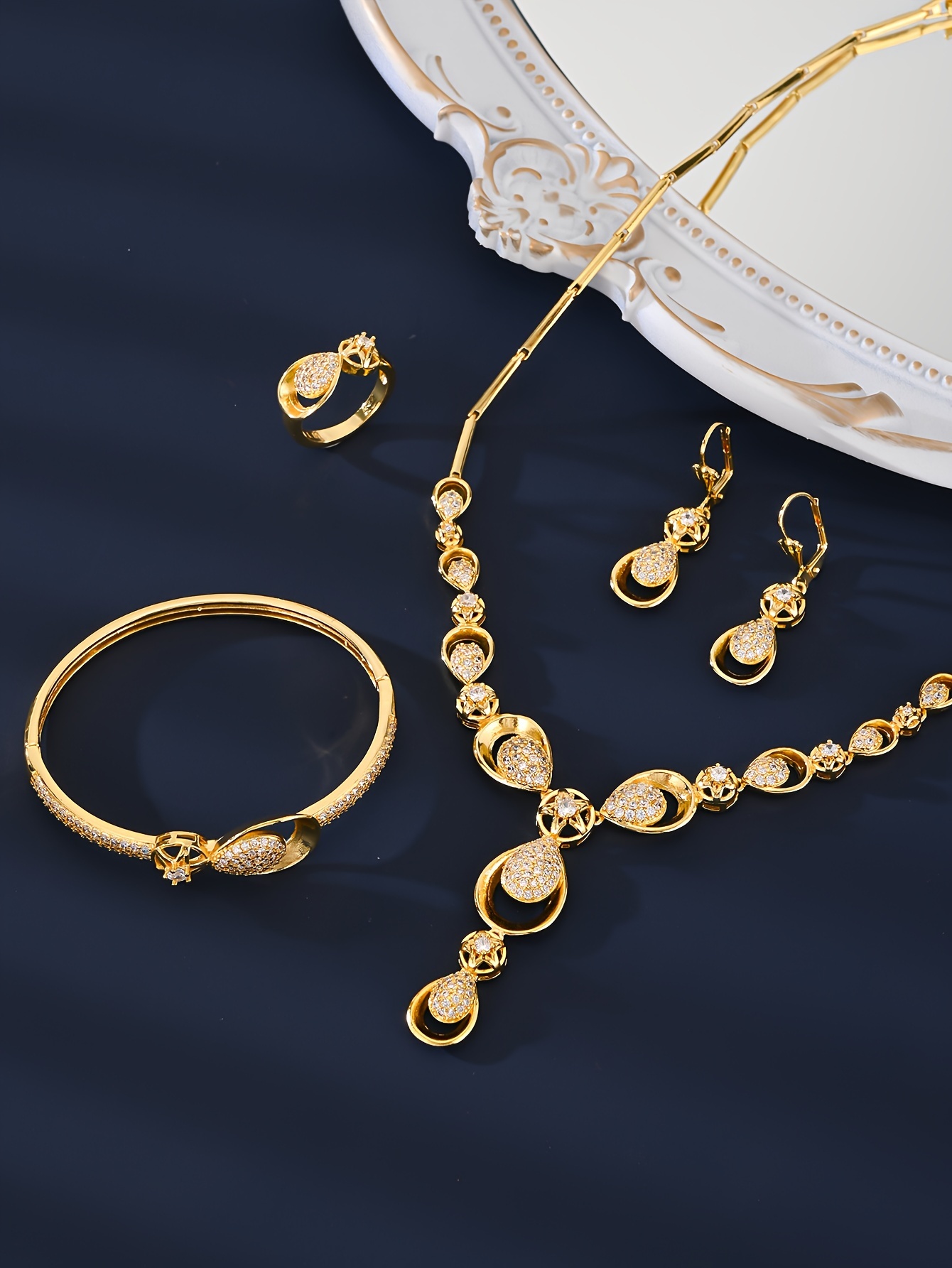 elegant 5 piece jewelry set with 18k golden plating and zirconia stones copper based necklace earrings bracelet and ring for   parties and valentines day gifts details 3