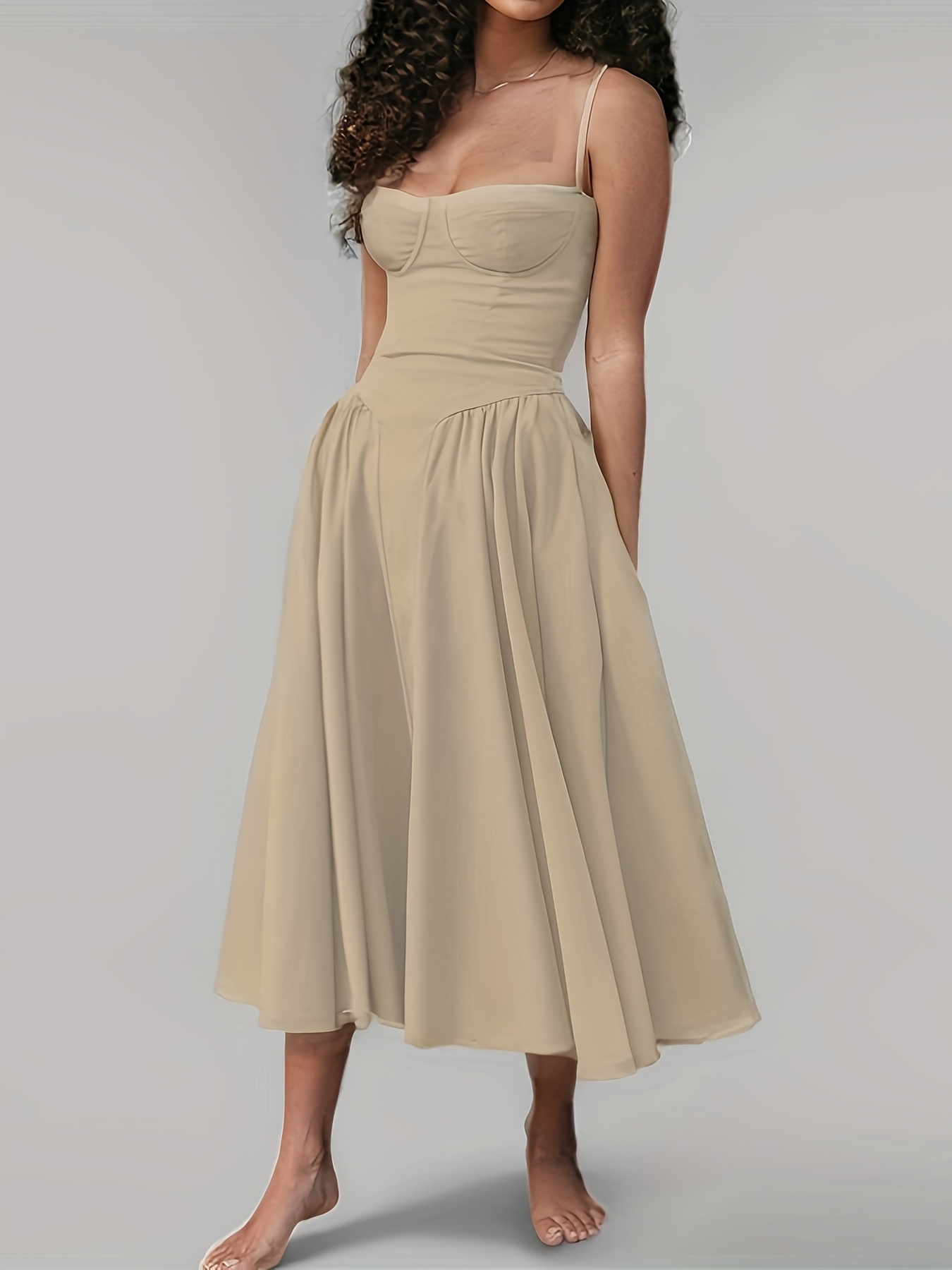 elegant off shoulder midi dress polyester solid color sleeveless slip dress with chest pad flared hem and dipped hem adult women and date night details 2