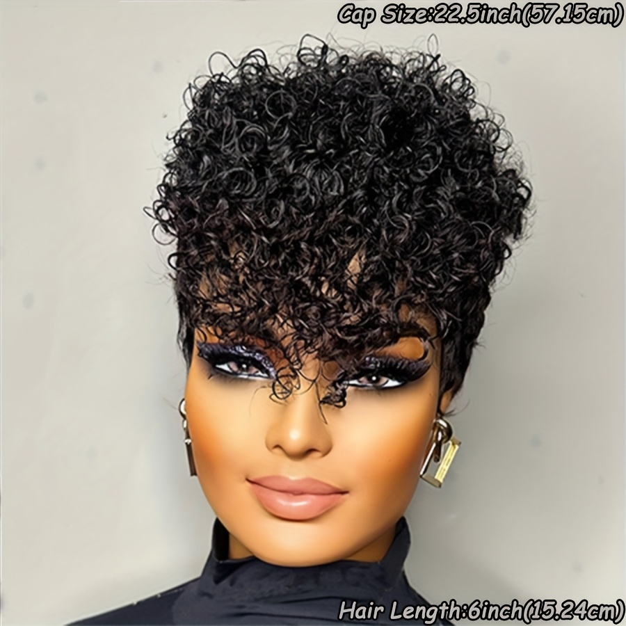 TEMU Chic 6 Inch Short Human Hair Wig Curly Human Hair Cut Wig With Bangs Glueless None Lace Front Wigs With Curly Fringe Chic Summer Wig Gift