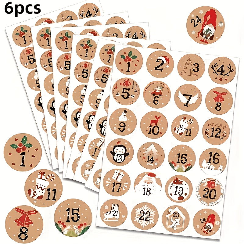 TEMU 6pcs Christmas 24-day Advent Calendar Number Stickers, Vintage Self-adhesive Stickers Numbers 1 To 24, Sealing Labels Printed With Santa Claus,