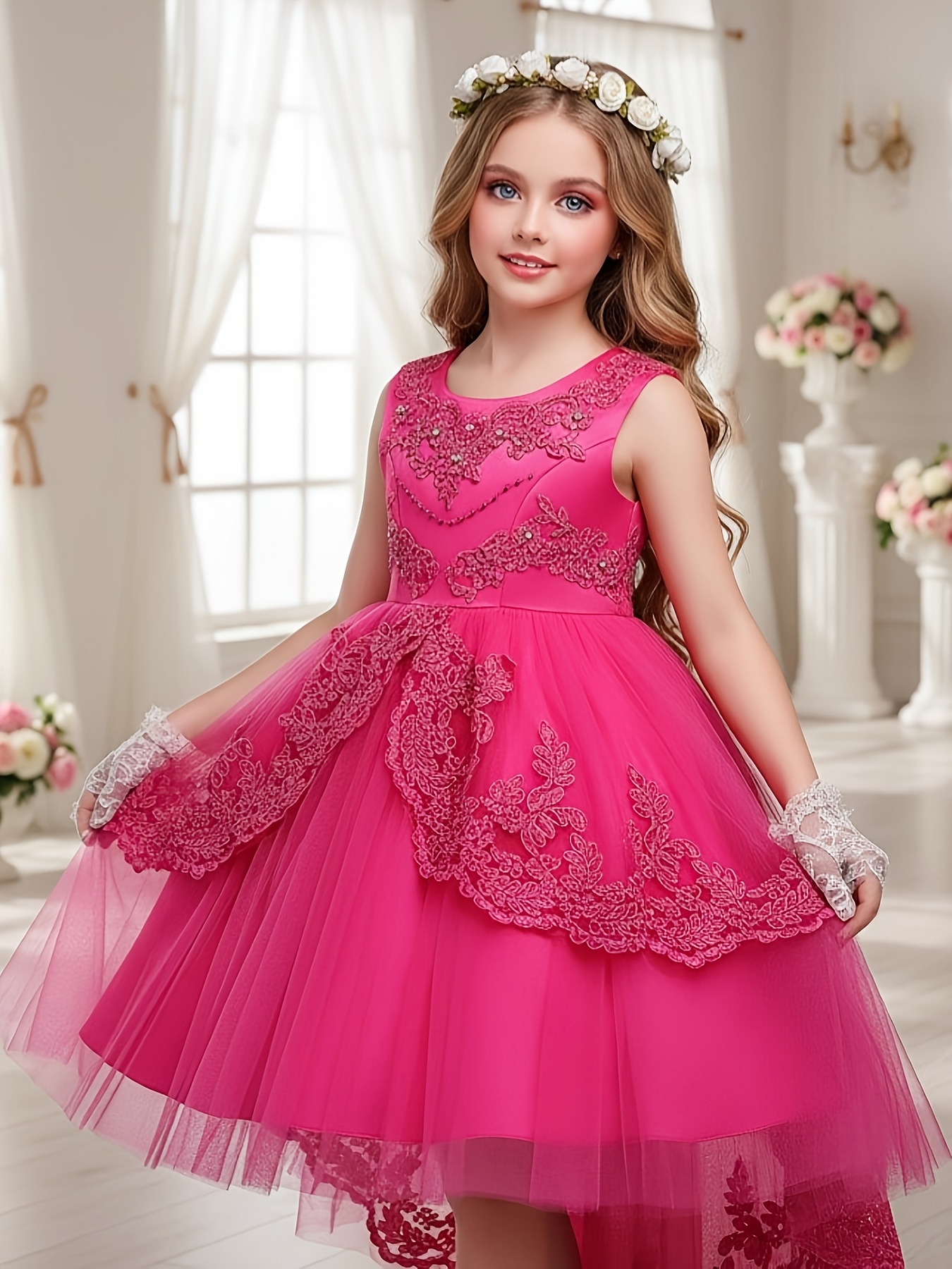 Hot Selling European and American Children's Formal Dress * Princess Dress,  Girls' Sleeveless Round Neck Beaded Tulle Train Dress