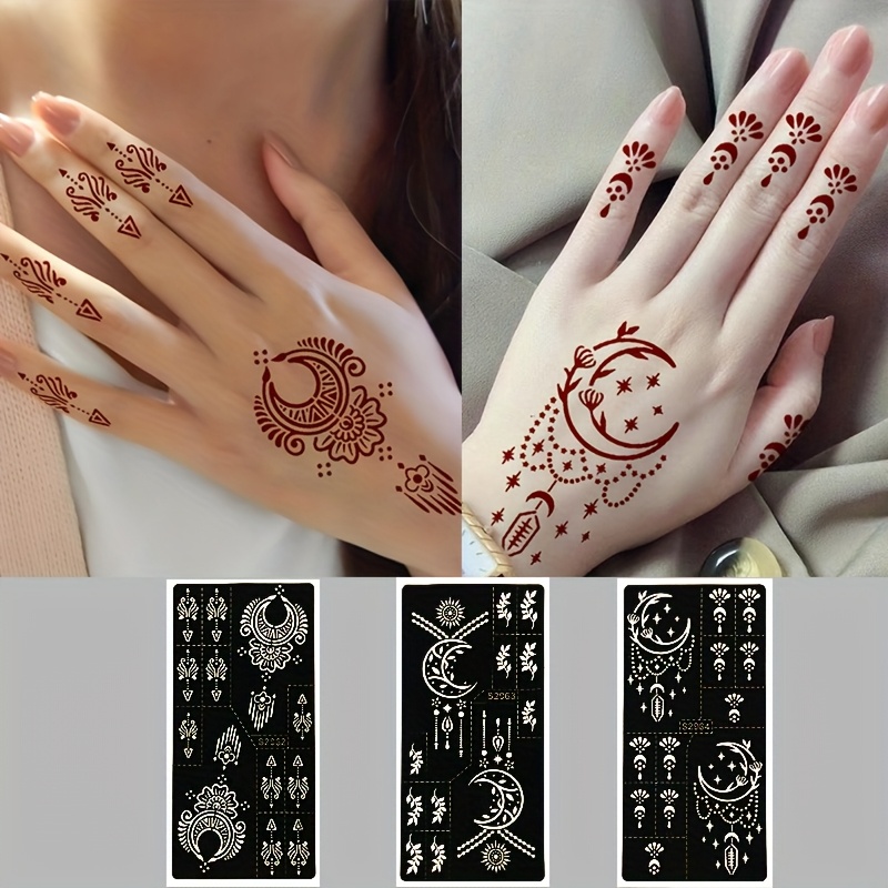 

3 Sheets, Henna Tattoo Template Hand Flower Tattoo Hollow Template Sticker, Self-adhesive And Reusable For