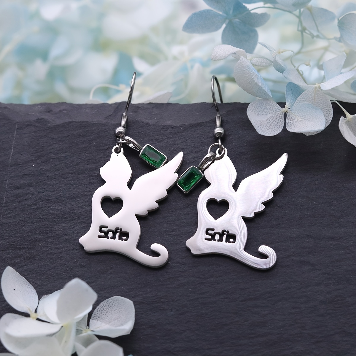 Customized Name Angel Wing Dangle Earrings with Green Zirconia