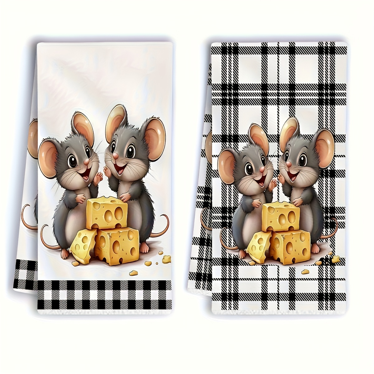 TEMU Set Of 2, Featuring A Cute Mouse Stealing Cheese Design, Kitchen Towels, Tea Towels, And Bathroom Decor Measure 16 X 24 Inches. Are Washable,