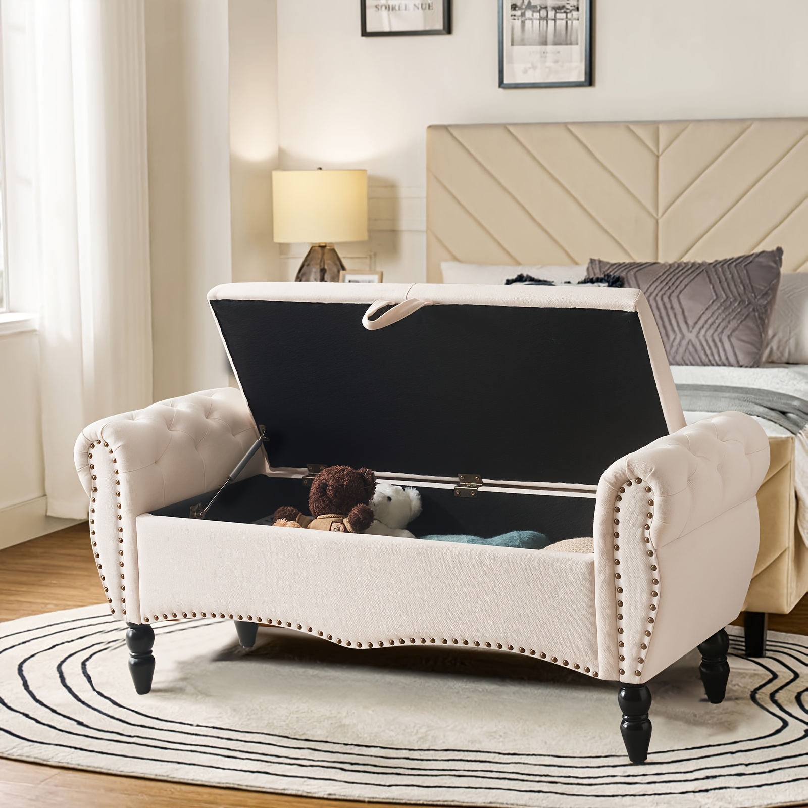Mid-Century Modern Large Capacity Wooden Storage Box, Bedroom End of Bed Chair with Roll-Up Arms - Spacious Storage Space, Flip-Top Design, Perfect for Bedroom, Living Room, Hallway - Durable, Sturdy, Easy to Assemble