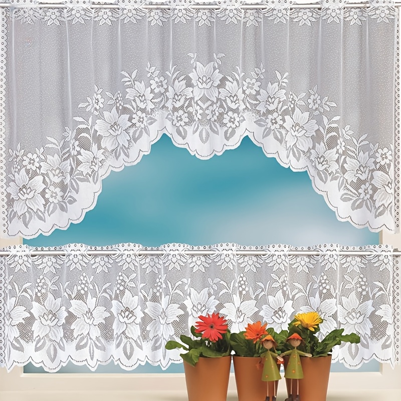 E-shop 2er-Set Spitzenvorhänge - Blumen-Jacquard-Design, Transparente - und Unterzüge für Esszimmer, Wohnzimmer, Café-Dekor, Stangen-Tasche,