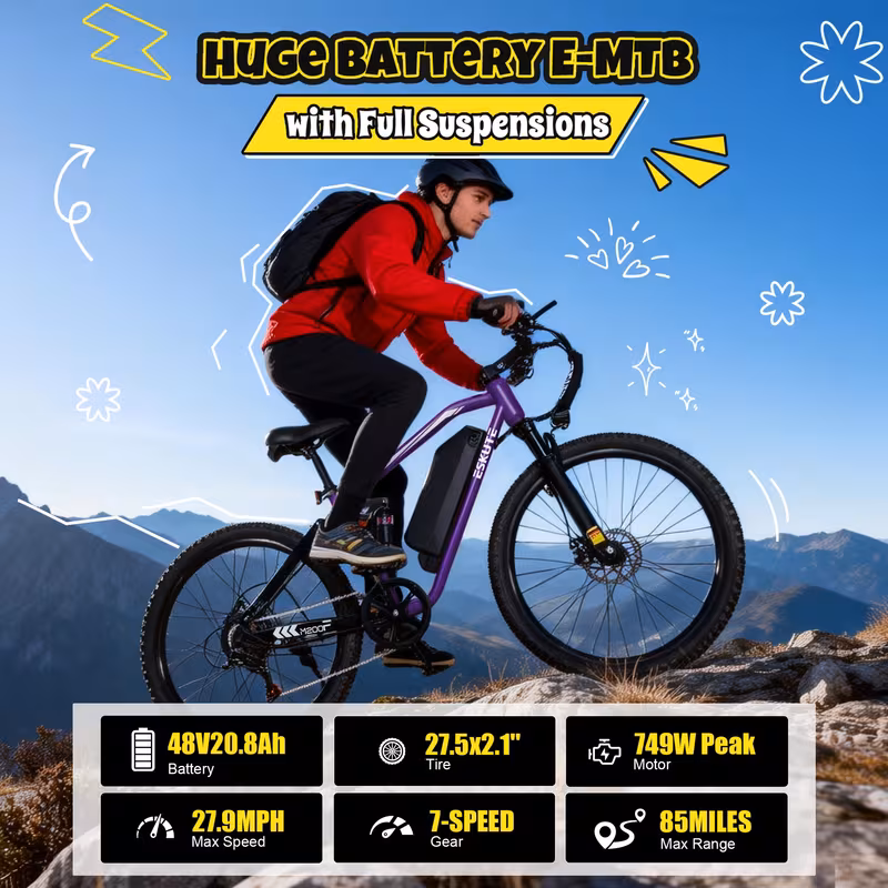 m200f electric bike for adults, 27. e-bike, brushless motor, 48 .8ah up to 80 miles range, full suspension step-over electric bicycle and a helmet included as a gift Product details 0