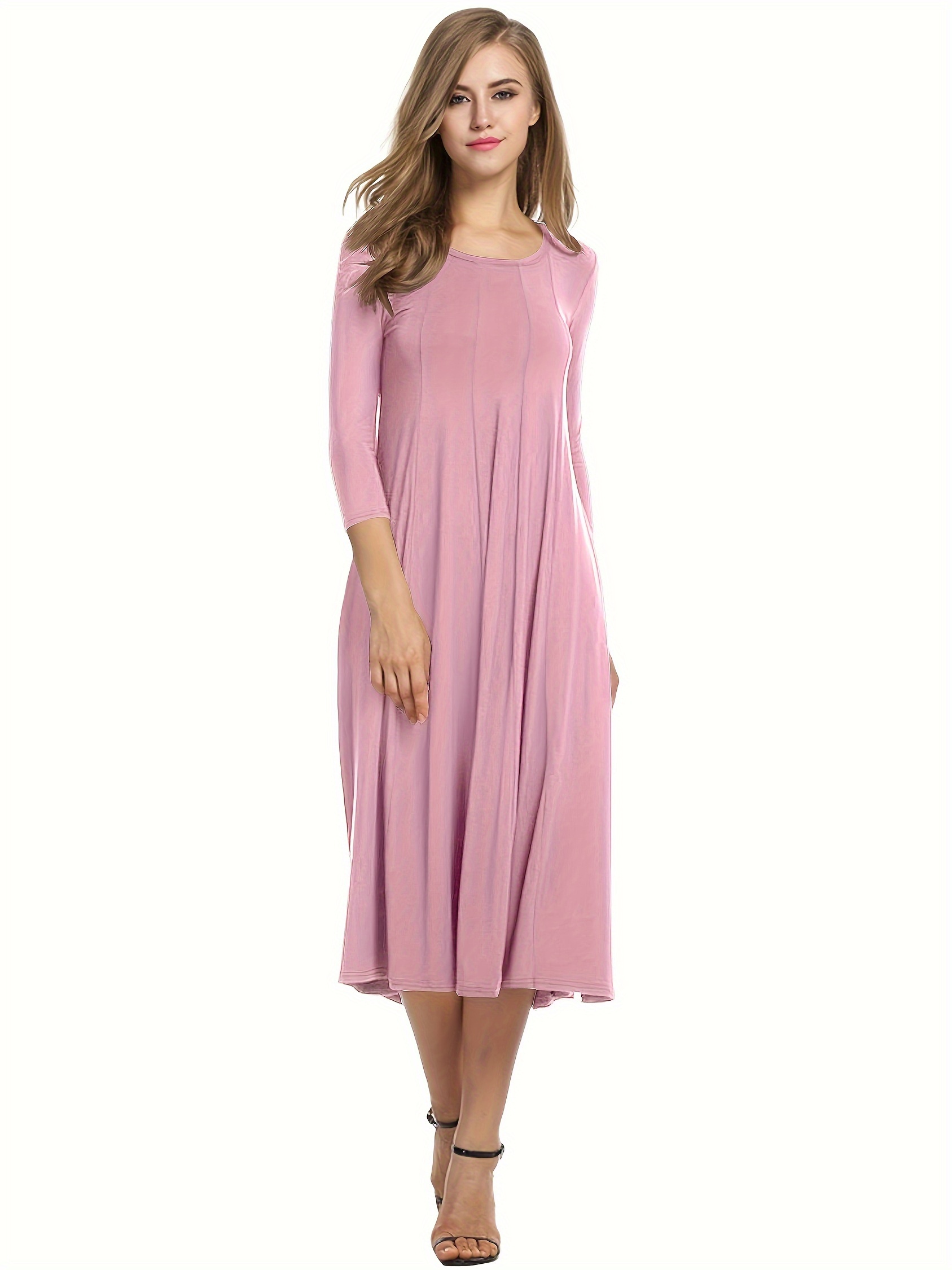 knee length dresses for ladies Plus Size Midi Dress 3/4 Sleeve Crew Neck