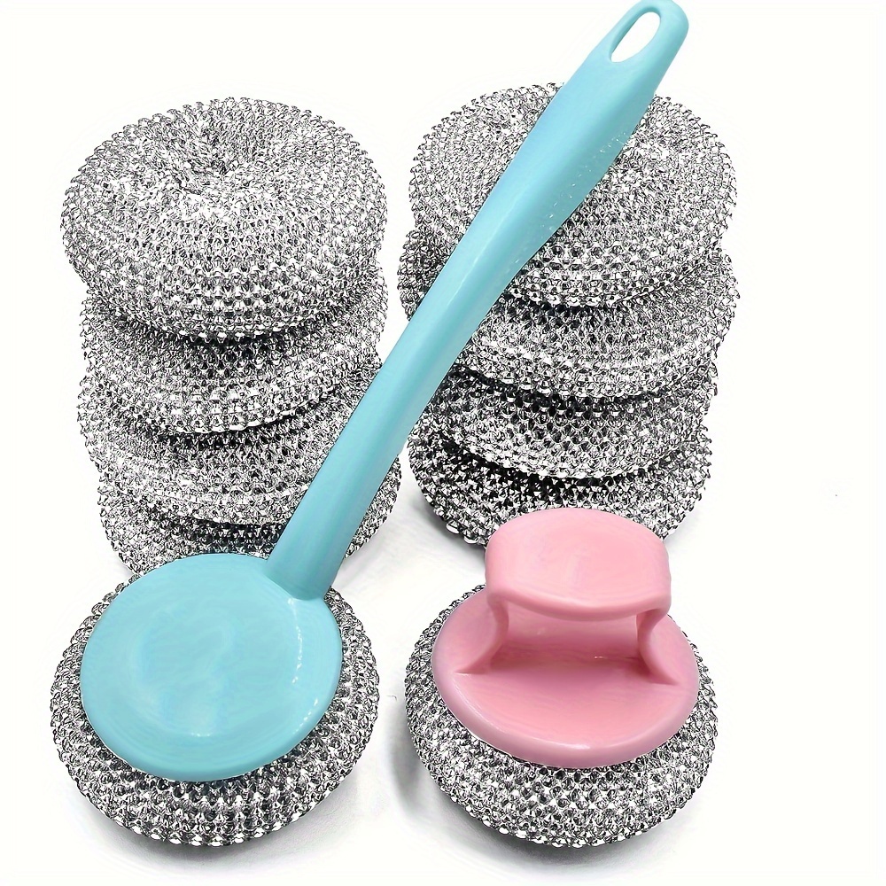 

10-pack Stainless Scrubber Set With 2 Handles For Kitchen, Bathroom, And Toilet Cleaning - Heavy Duty Metal Wire Scouring Pads, Non-electric Manual Dish Cleaner With Replaceable Sponges