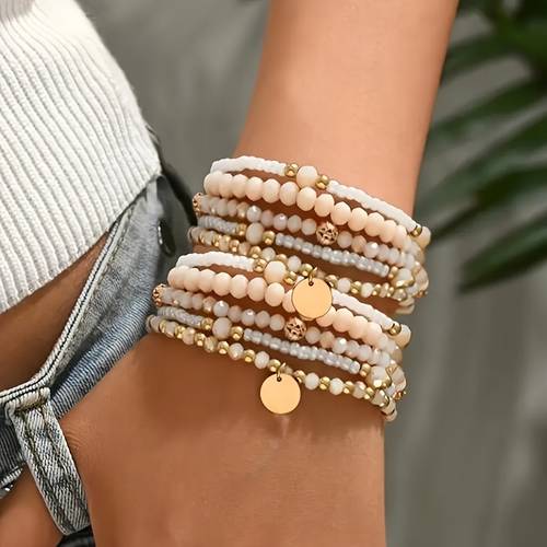 bohemian style beaded bracelet set for women 10pcs stackable multilayer pink beads with round pendant charms versatile for daily wear gifts inlay accessory