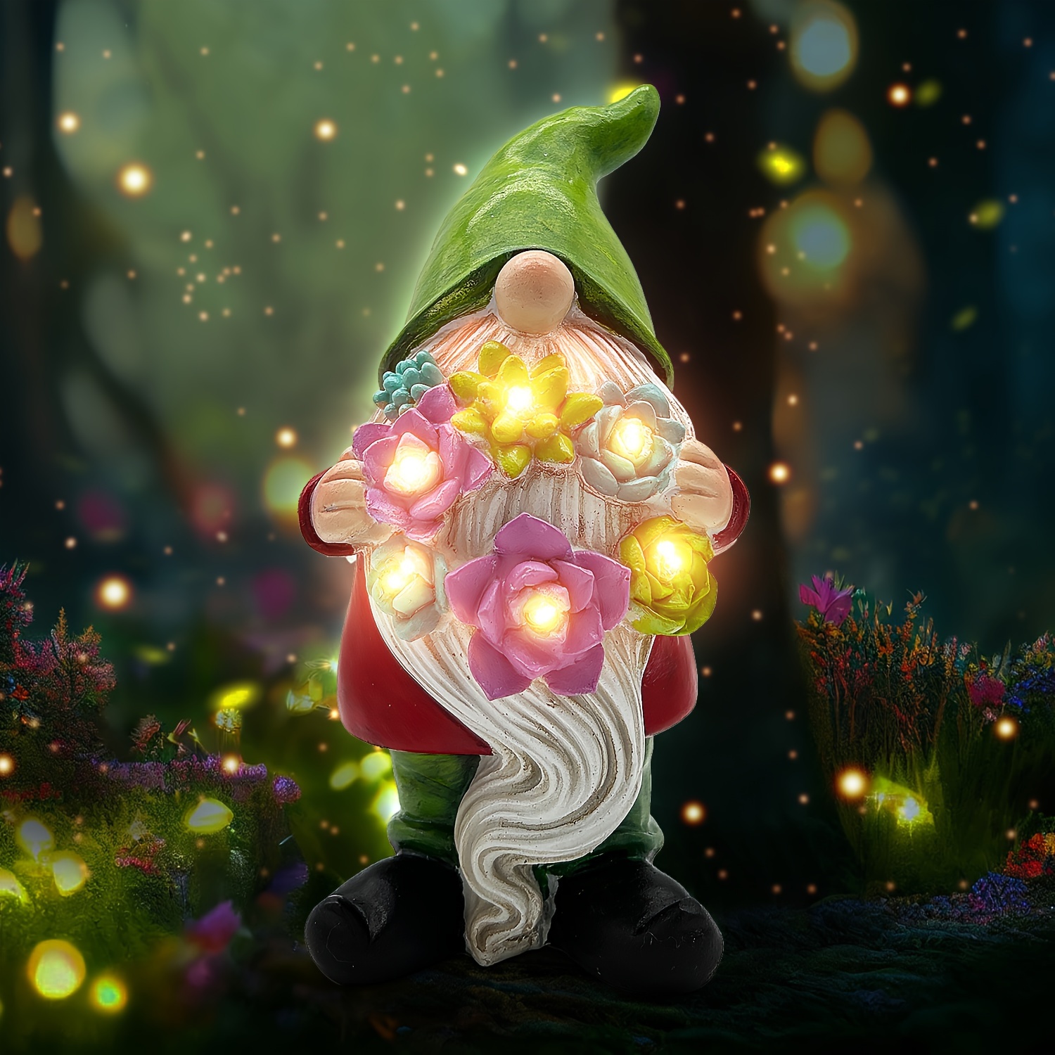 1pc Solarpowered Garden Gnome Statue With Flower Lights, Resin Dwarf
