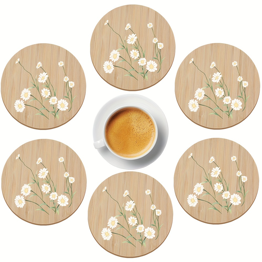 6pcs Daisy Wooden Coasters Set, Gift, Home Decor, Theme, Minimalist Art Decor