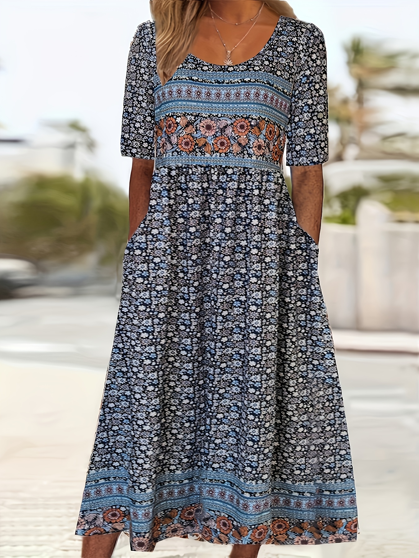 blue dress for baby girl Boho Print Short Sleeve Belted A-Line Dress ??Flowy & Feminine Summer   Lovenne