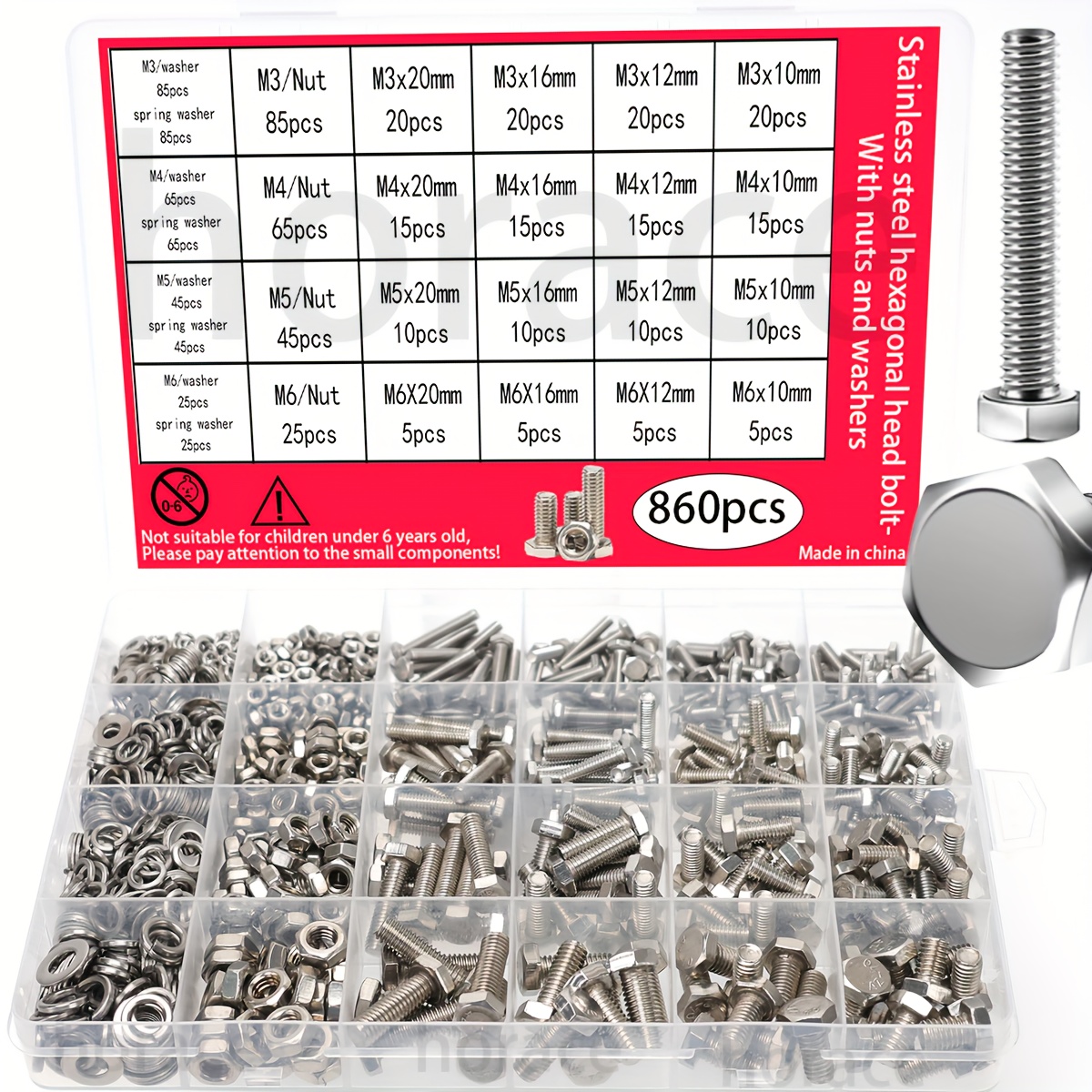 Image of 860pcs Stainless Steel Hex Head Assortment Kit - Din933 M3-m6, With Nuts + Washers + Spring Washers, 8.8/10.9 Grade, A2/a4 Marine Grade, , Metric Coarse Thread