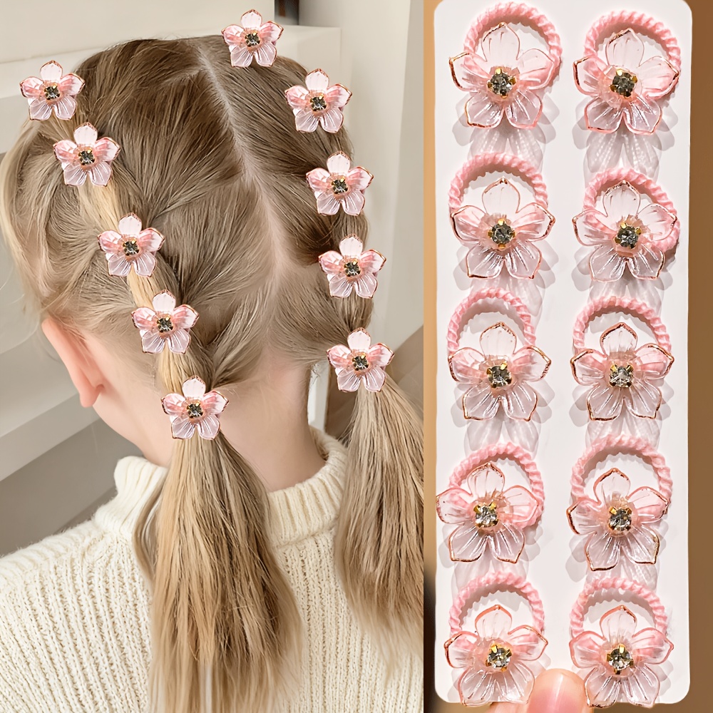 TEMU 10pcs Liwihas Multicolor Rhinestone & Flower Hair Ties Suitable For Travel, Braiding, School - High-elasticity Durable Hair Bands With Faux