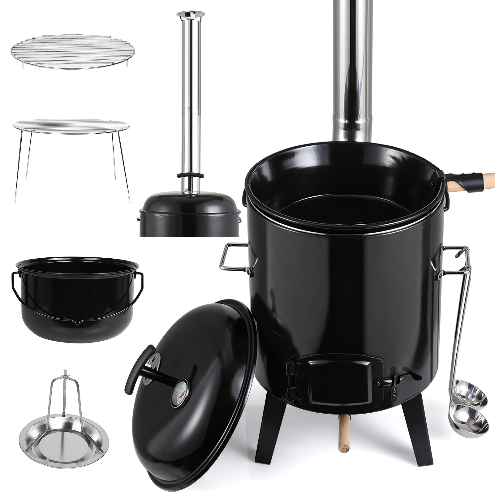 Image of Cannon, Kettle Pot, Hungarian Kettle With Lid, Stew Oven, Soup Kettle, Kettle Grill With 85cm Chimney + Thermometer, 2 Tablespoons, 17l+8l Kettle Enameled For Outdoor