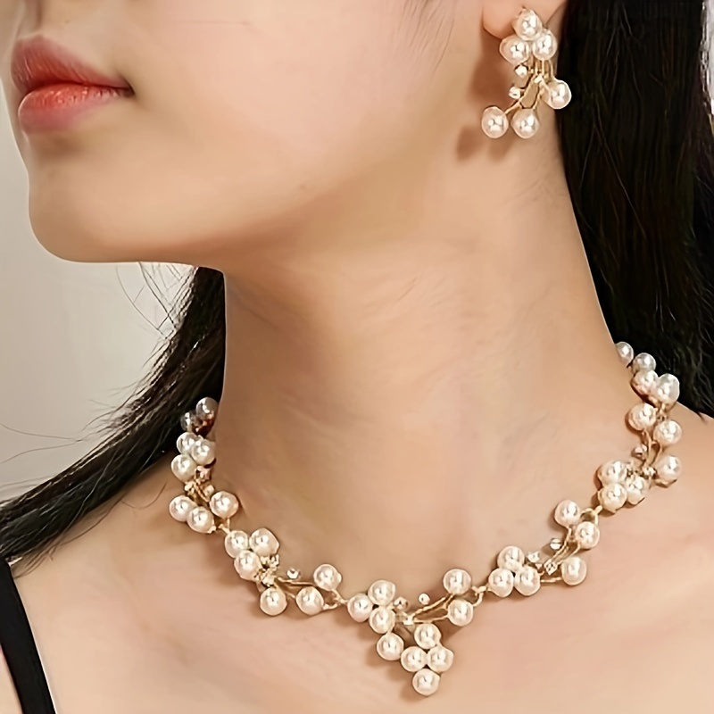 

1 Pair Stud Earrings + 1 Pc Necklace Pretty Imitation Pearl Design Jewelry Set Vintage Elegant Style For Women Wedding Accessories