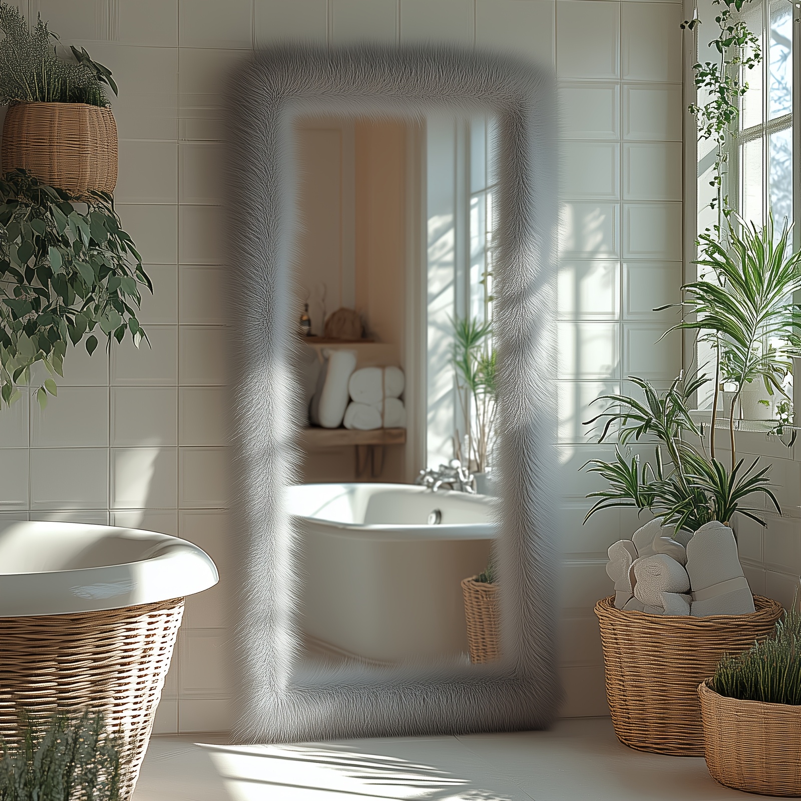 24''X 63''Rectangle Full Length Mirror Chic Faux Fur Framed Leaning Hanging Wall Mirror Full Body Dressing Mirror For Bathroom Bedroom