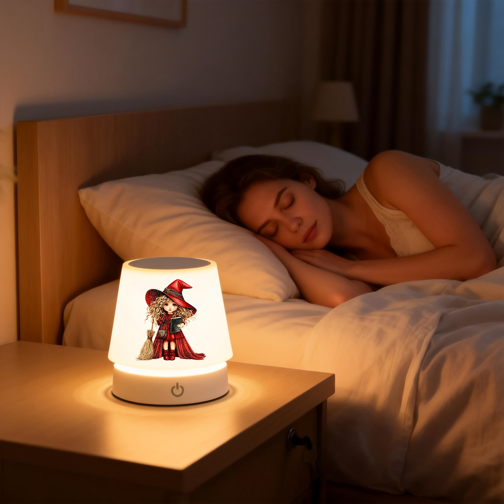 Little Red Witch Broom Magic Book Halloween Pattern Desk Lamp, Rechargeable & Dimmable
