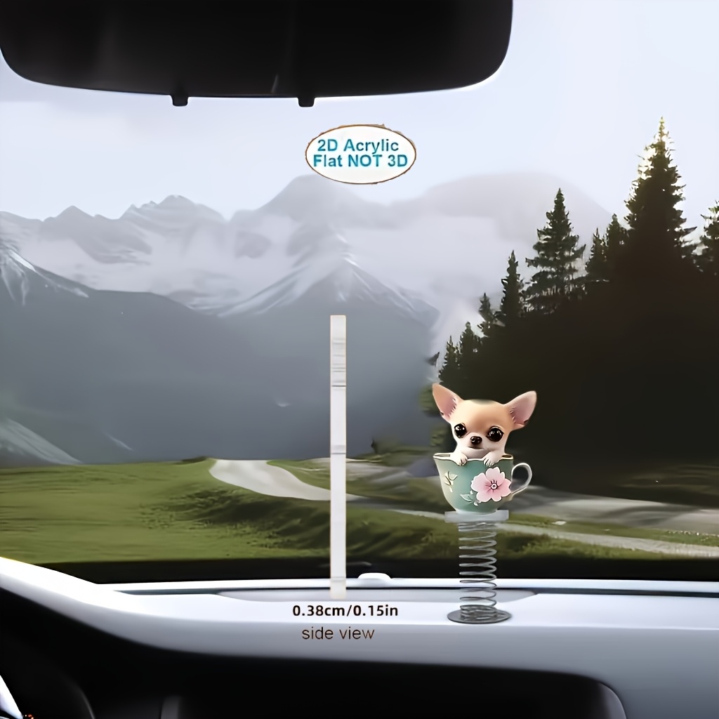 TEMU A 2d Acrylic Car Ornament Featuring A Cute Chihuahua Tea Cup Design, Perfect For Decorating Your Dashboard. This Dog Statue, With Floral Accents