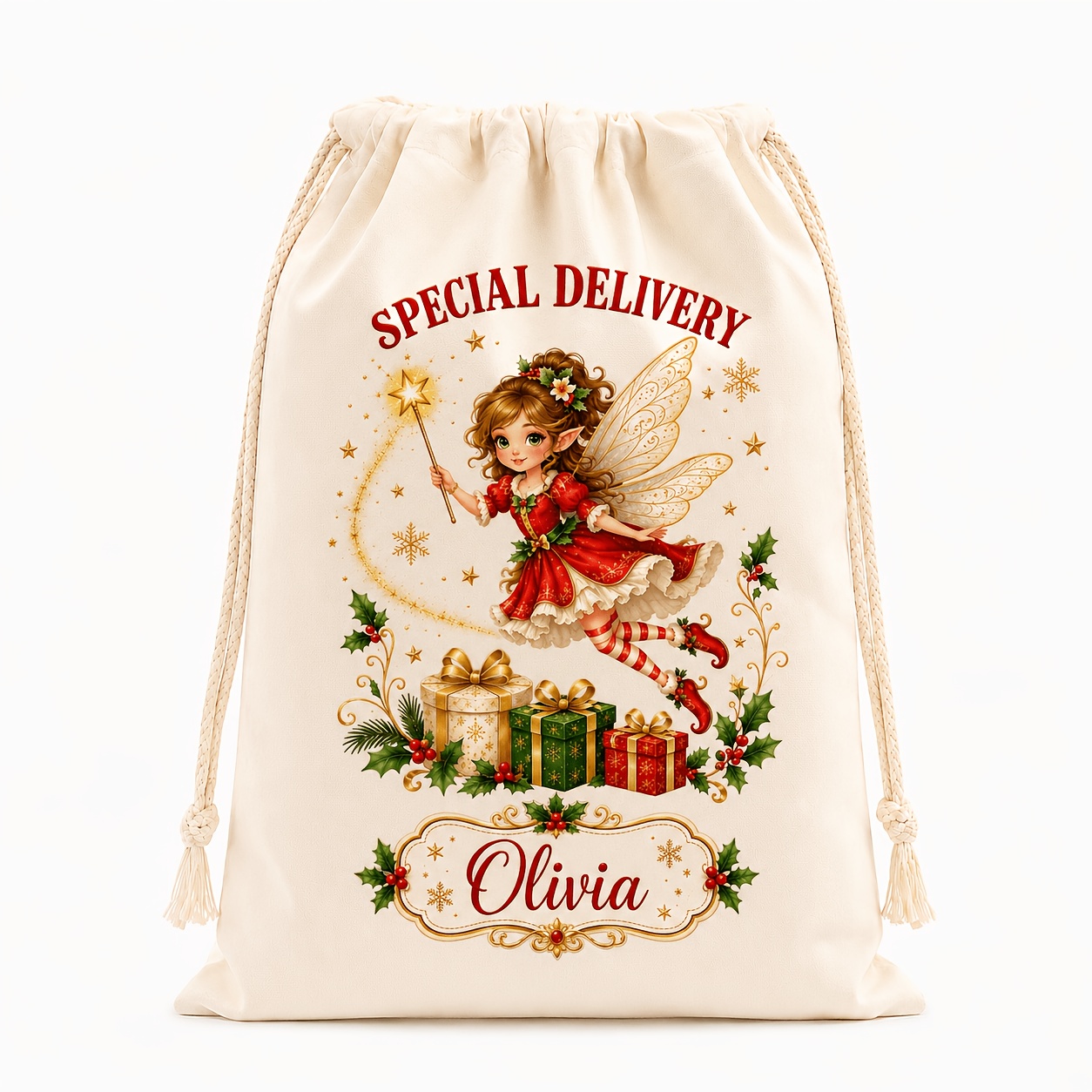 TEMU Personalized Name Custom Gift Bag, Fairy Elf Waving Starlight Magic Wand Drawstring Gift Pouch, Large Capacity Wear-resistant Fabric Gift