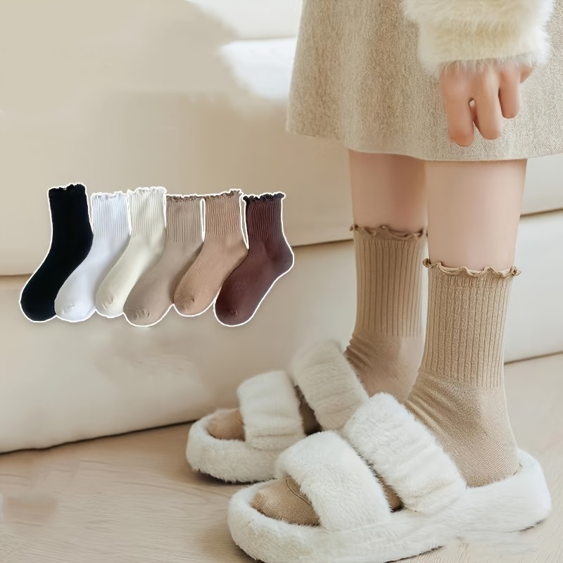 

6 Pairs Trendy Solid Color Versatile Socks, Comfy & Breathable Mid Tube Socks, Women's Stockings & Hosiery - Fall & Winter