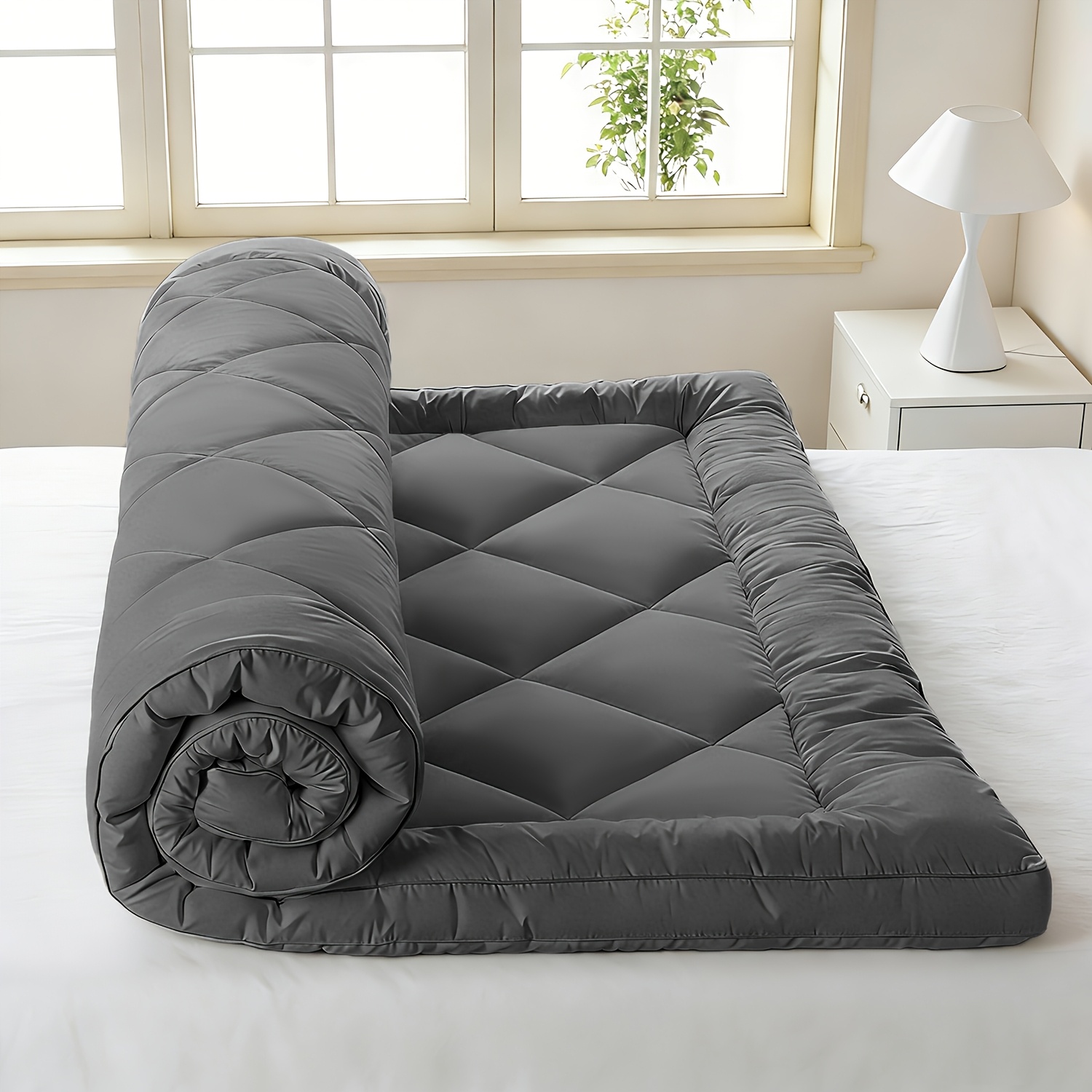 Image of Simple Solid Color High-quality Mattress Topper, 1300gsm Fiber Filling, Soft And Breathable, Suitable For , Machine Washable, With Strong Elastic Straps, Fabric.