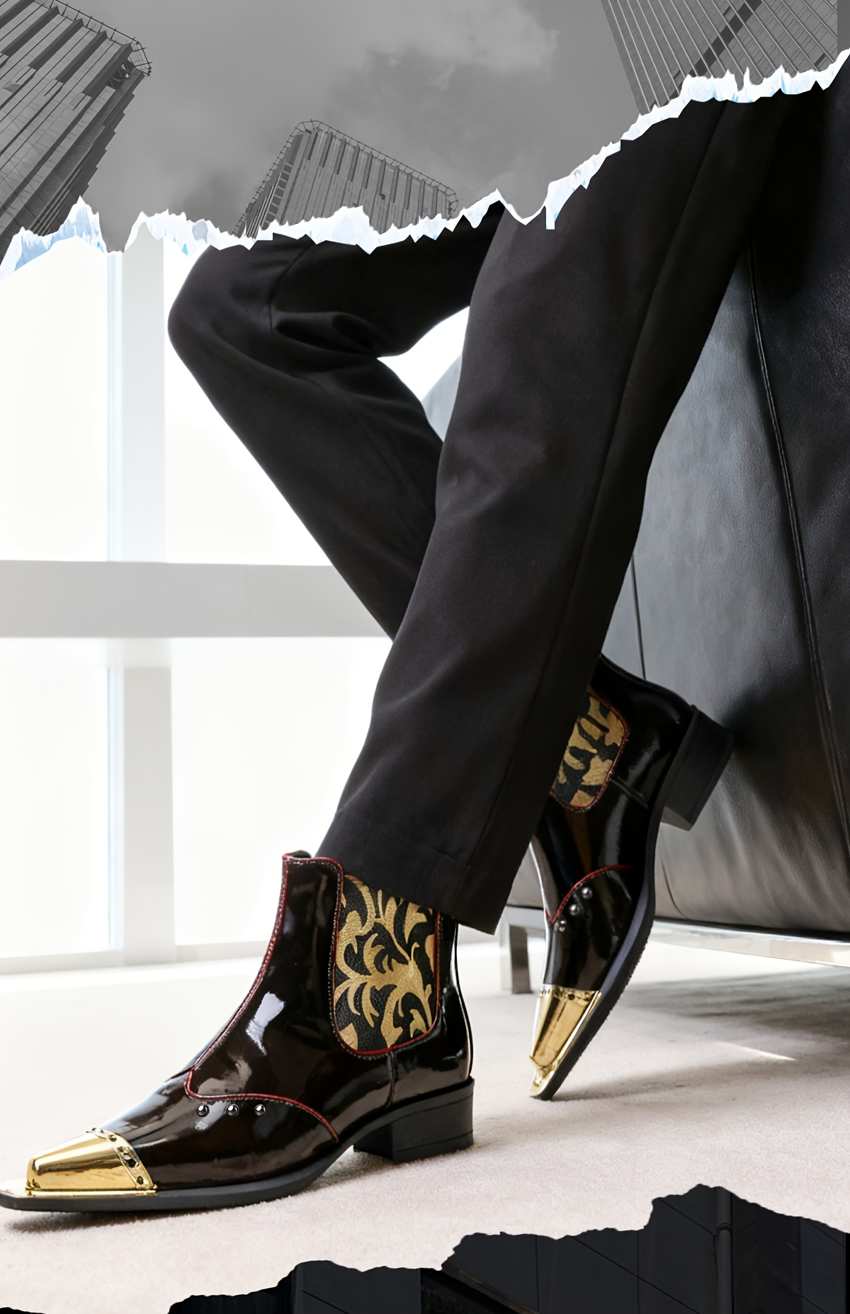 QRLQRL Men's Glossy Black/Golden Cloud Pattern PU Short Boots - Elastic Closure Slip-On/Lace-Like Buckle, Golden-Tipped Toe & Heel, All-Season Dress Boots for Casual & Formal Wear (Shoe Maintenance-Free)