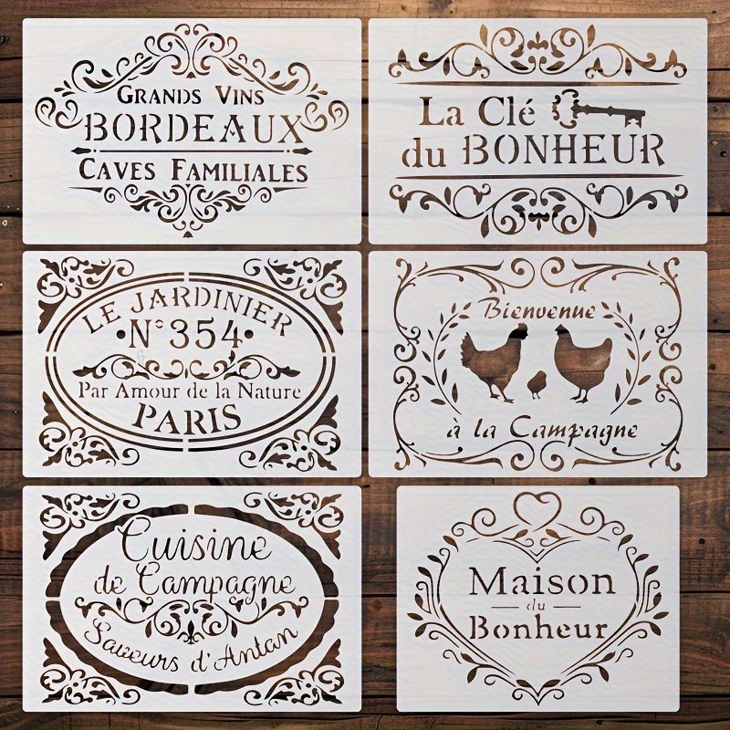 

French Vintage Stencil Set Of 6, Reusable Craft Templates For Customizing Fabric, Wood, Metal, Glass, Home Decor – Creamy White, Pet Material