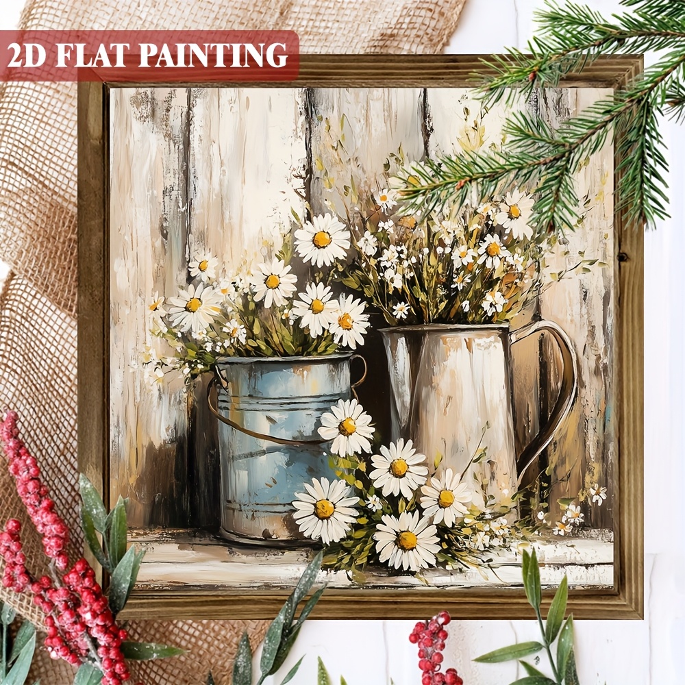 TEMU 2d Plat, 1 pièce, Panneau Rustique en Bois à Grain Jaune Crème avec Jasmin Blanc et Arrosoirs Rouillés - Décor de Ferme pour Salon ou Café,