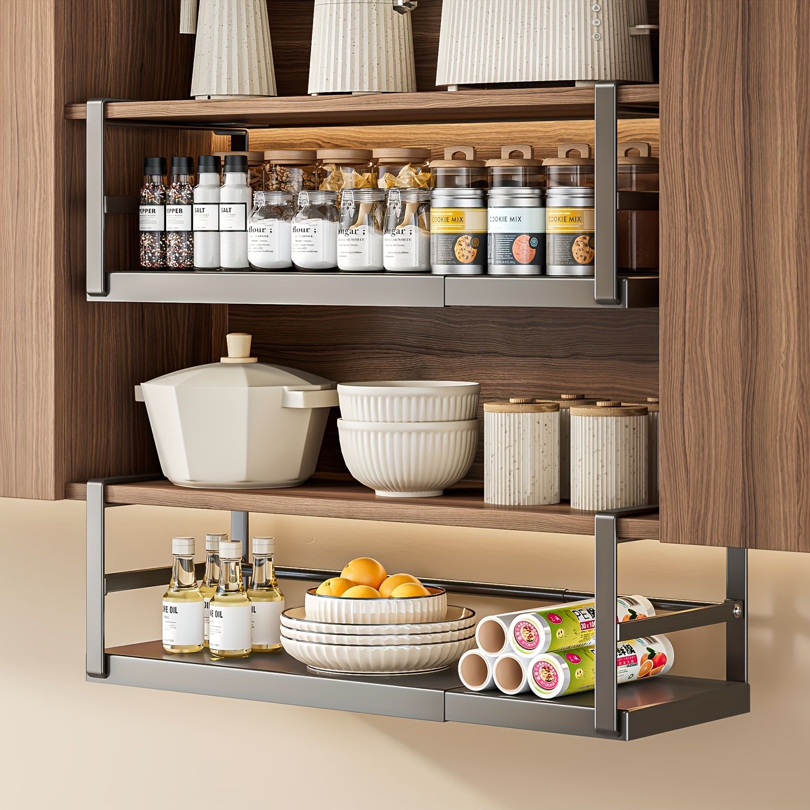 

Adjustable Metal Cabinet Shelf Organizer, Kitchen Storage Rack For Spice Jars And Seasoning, Under-cabinet Hanging Shelf With Layered Design