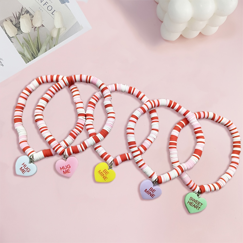 TEMU 5pcs Valentine's Day Love Heart Polymer Clay Beaded Bracelet, Sweet Cute Resin Charms: , , Sweet Heart, Heishi Pink Bracelets, Stackable