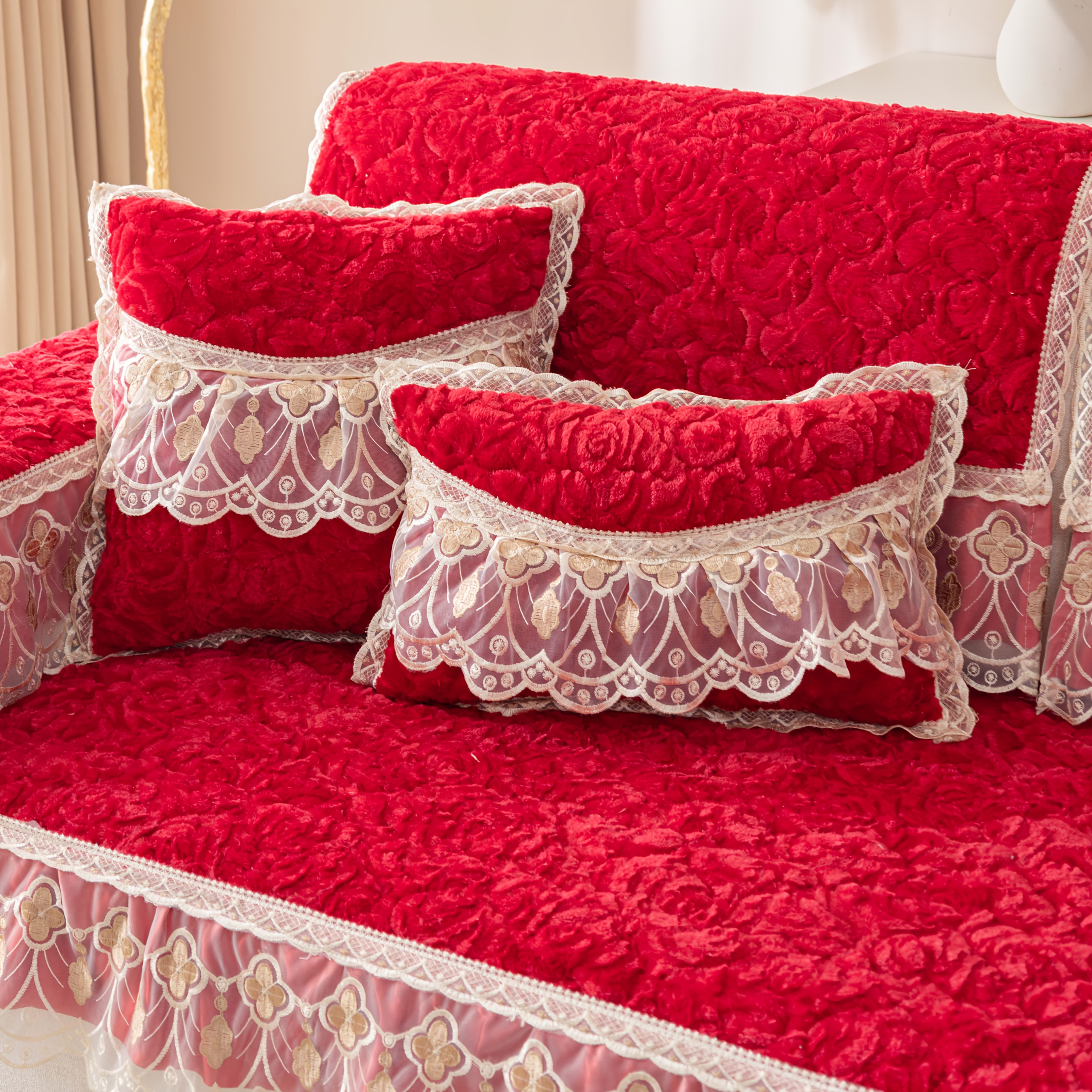 TEMU 1pc Outdoor Bohemian Lace Diamond Check Rose Armrest Cushion Backrest Sofa Mat Clover Plush Autumn Winter Bohemian Embroidery Anti-slip Machine