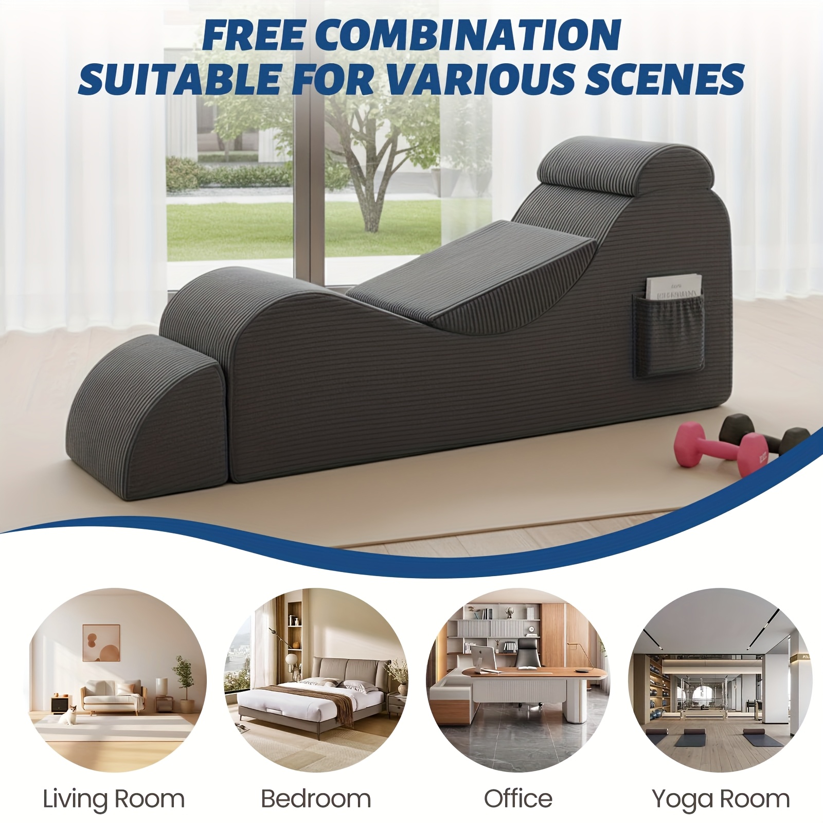 Yoga Chair Lounge for Adult, Ergonomic Chaise Lounge Chair with Side Pocket, Headrest, Waist Pad, Ottoman, Perfect for Stretching, Massage, And Relaxation, Used In Living Room, Bedroom, Lazy Sofa, Gaming Sofa