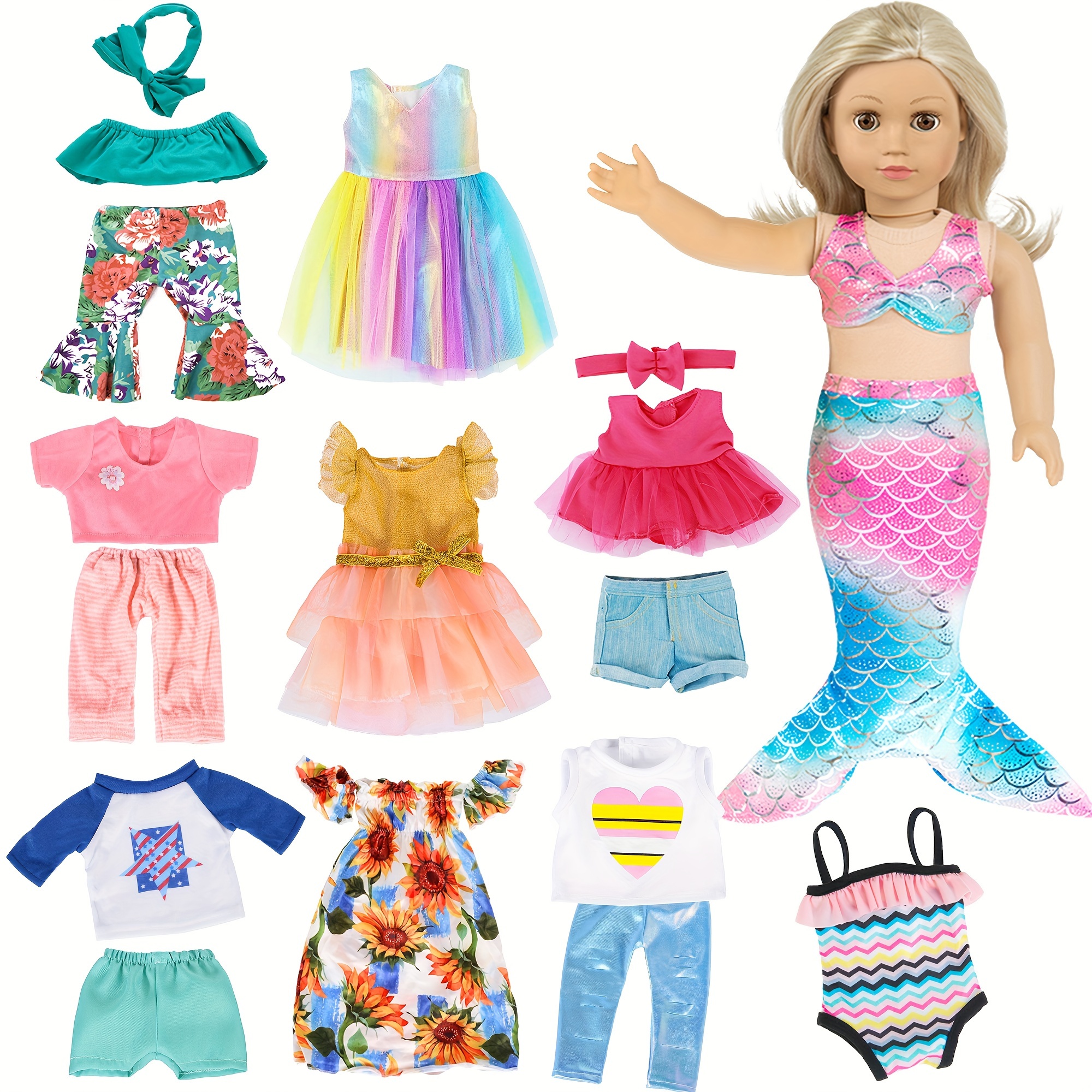 

10 Sets 18 Inch Doll Clothes And Accessories - Including Mermaid Costume, Stylish Casual Outfit, Swimwear Fit For 18 Inch Dolls (no Doll)