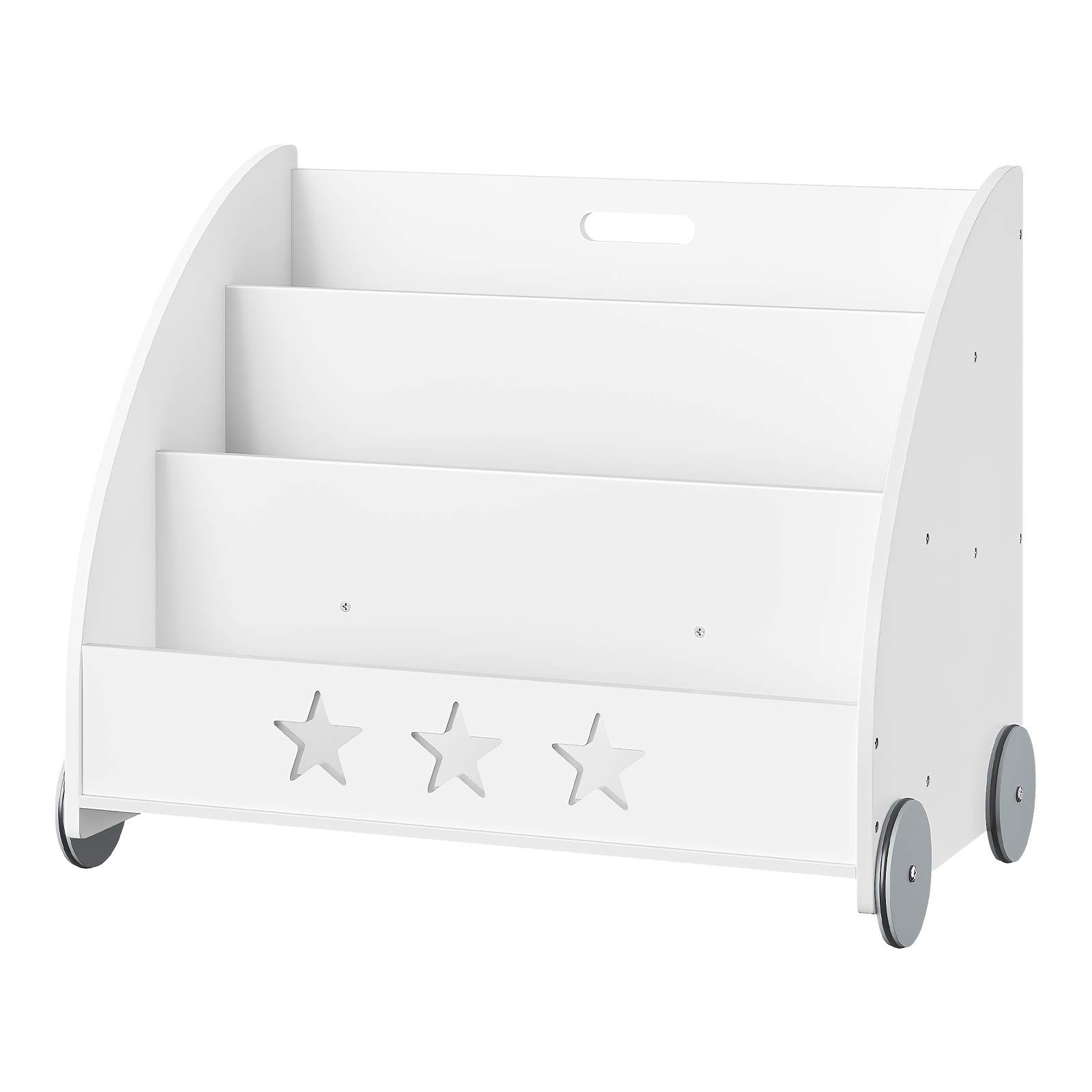 Image of Kids Book Storage Organizer With Wheels, 3 Tier Wooden Children Book Shelf, Star Cutout Freestanding Toddler Bookcase, Organiser, Mobile Storage Cabinet For Playroom, Nursery, Bedroom, Space Saving