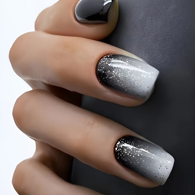 Image of 24pcs Of Short Square Nail Art Black Solid Color Glitter White Gradient Simple High-end False Nails Removable Wearable Nails