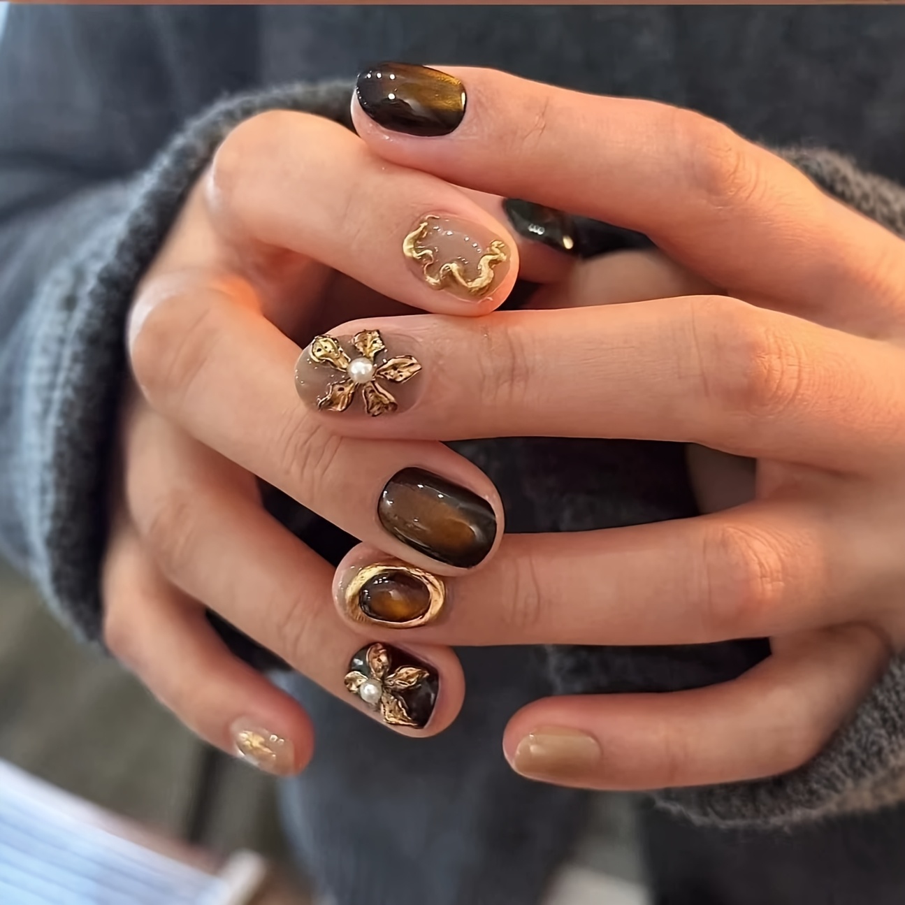 TEMU 24pcs New Chinese Style Style Tiger Eye Stone Golden Wearable Nail False Nail Sheets