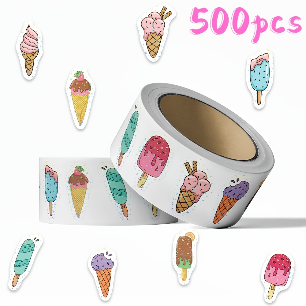 TEMU 500 Fogli/Rotolo Adesivi a Tema Gelato, con Gelato, Coni e Ghiaccioli, Adatti per Prodotti Decorativi Creativi, Collage per Diari Estivi,