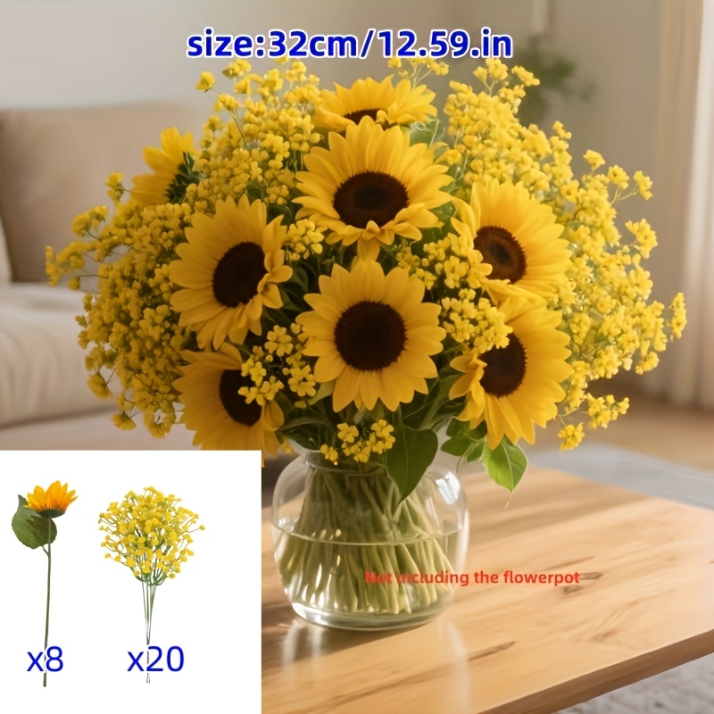 E-shop 28-teiliges UV-beständiges Kunst-Sonnenblumen- & Blumenstrauß-Set, geeignet für Hochzeiten, Outdoor-Deko, UV-beständige Blüten, braune Stiele,