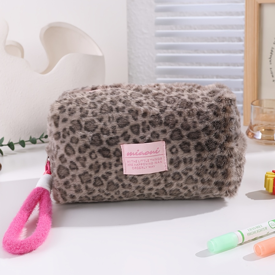 Image of Fur Material Leopard Print Makeup Bag, Travel Portable Toiletry Bag, Skincare Products, Daily Necessities, Travel Storage Bag, Stationery Pencil Case, Stationery Box