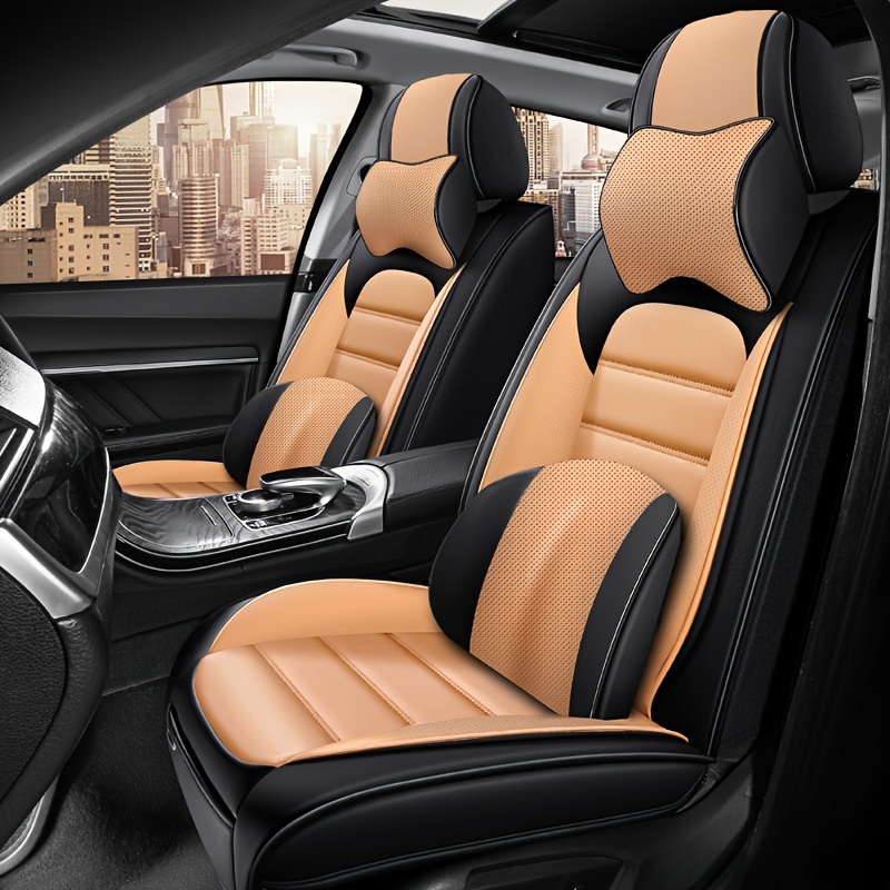 

Full Coverage Pu Leather Car Seat Covers 5 Seats Universal For Most Cars, Trucks And Suvs With Faux Leather In Car Seat Cover Accessories (orange And Black)