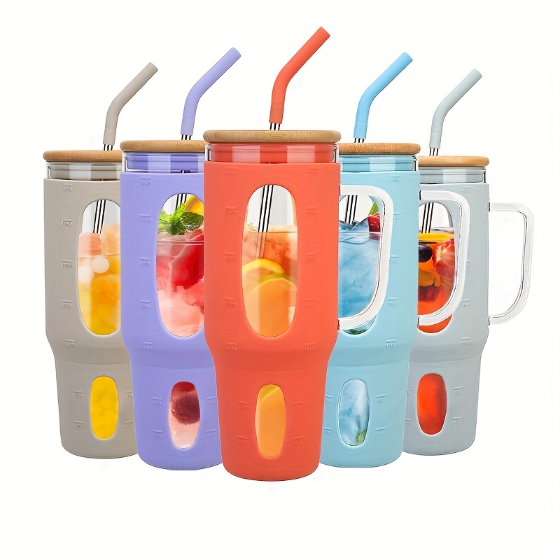 

A 50-ounce Glass Tumbler With Straw And Lid, A Reusable Glass Tumbler With Handle, An Iced Coffee Cup With Bamboo Lid, A Glass Teapot Suitable For Cup Holder