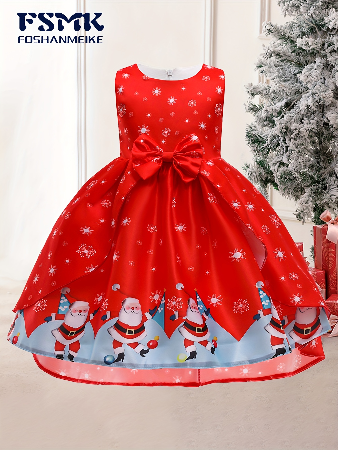 Christmas Party Dress for Girls Red Santa Claus Snowflake Print with  Bow Round Neck, No Sleeve, Non-Stretch Woven Polyester,