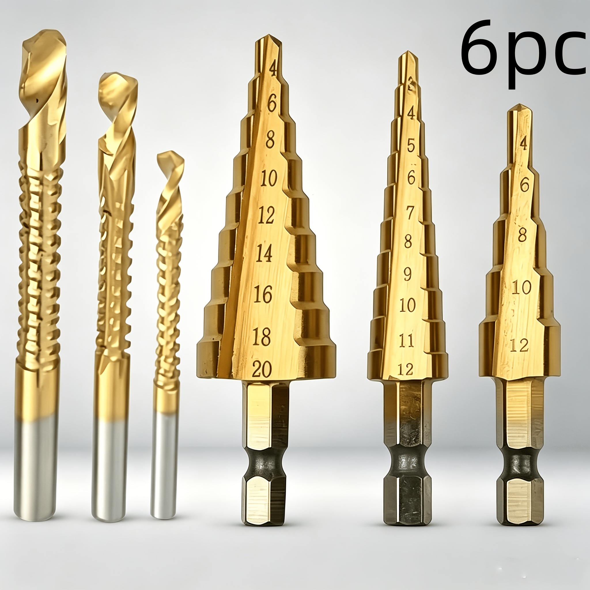 a set of 6pcs drill bits titanium coated suitable for wood and metal using heavy duty high   hss hole openers and hex shank step drills designed for professional woodworking and metal     6pcs drill bits
