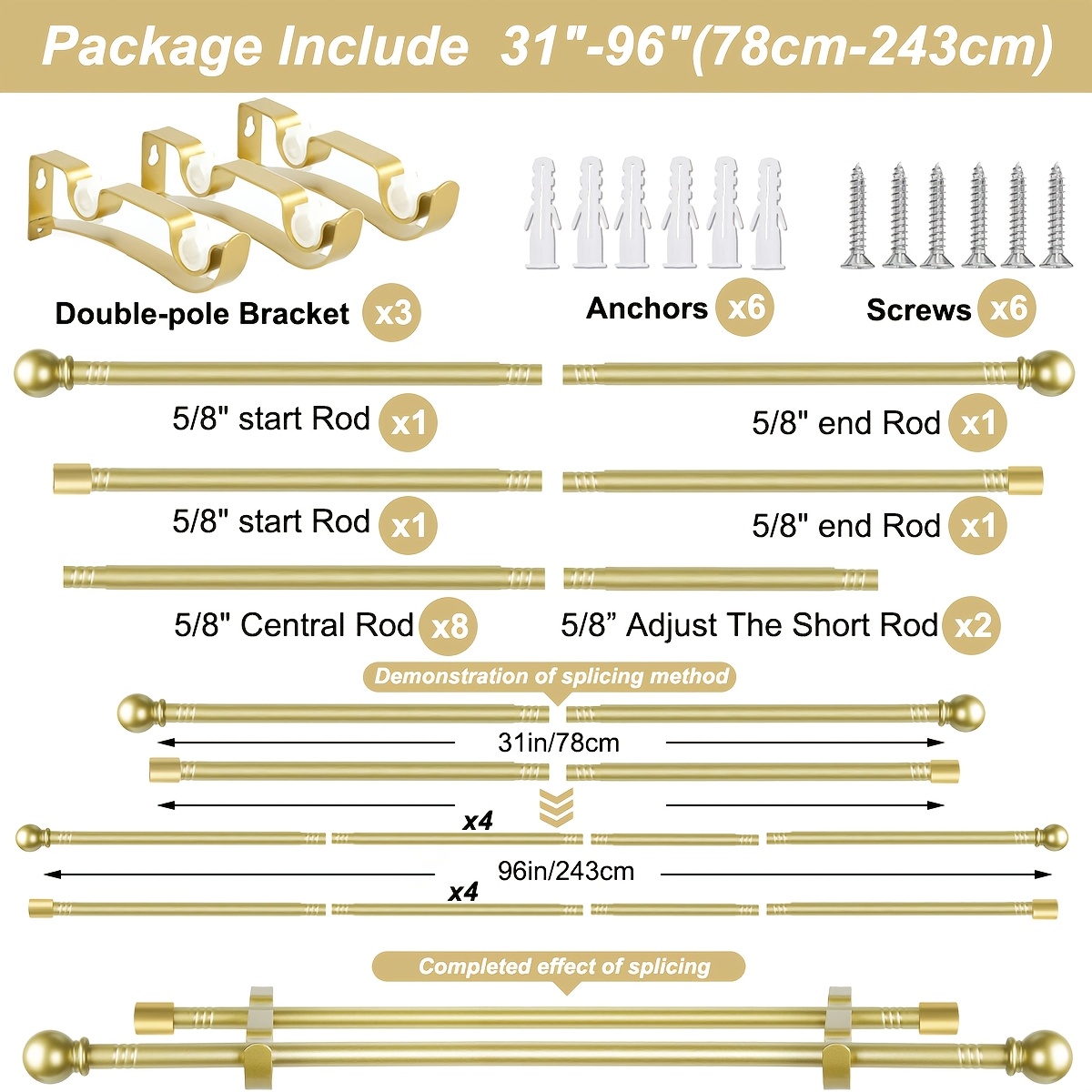 TEMU 1 Set Of Double-rod Curtain Rod Set, A Metal Adjustable Spliced Double-rod Curtain Rod Set, Suitable For Windows, Comes With Rod Brackets, Ideal