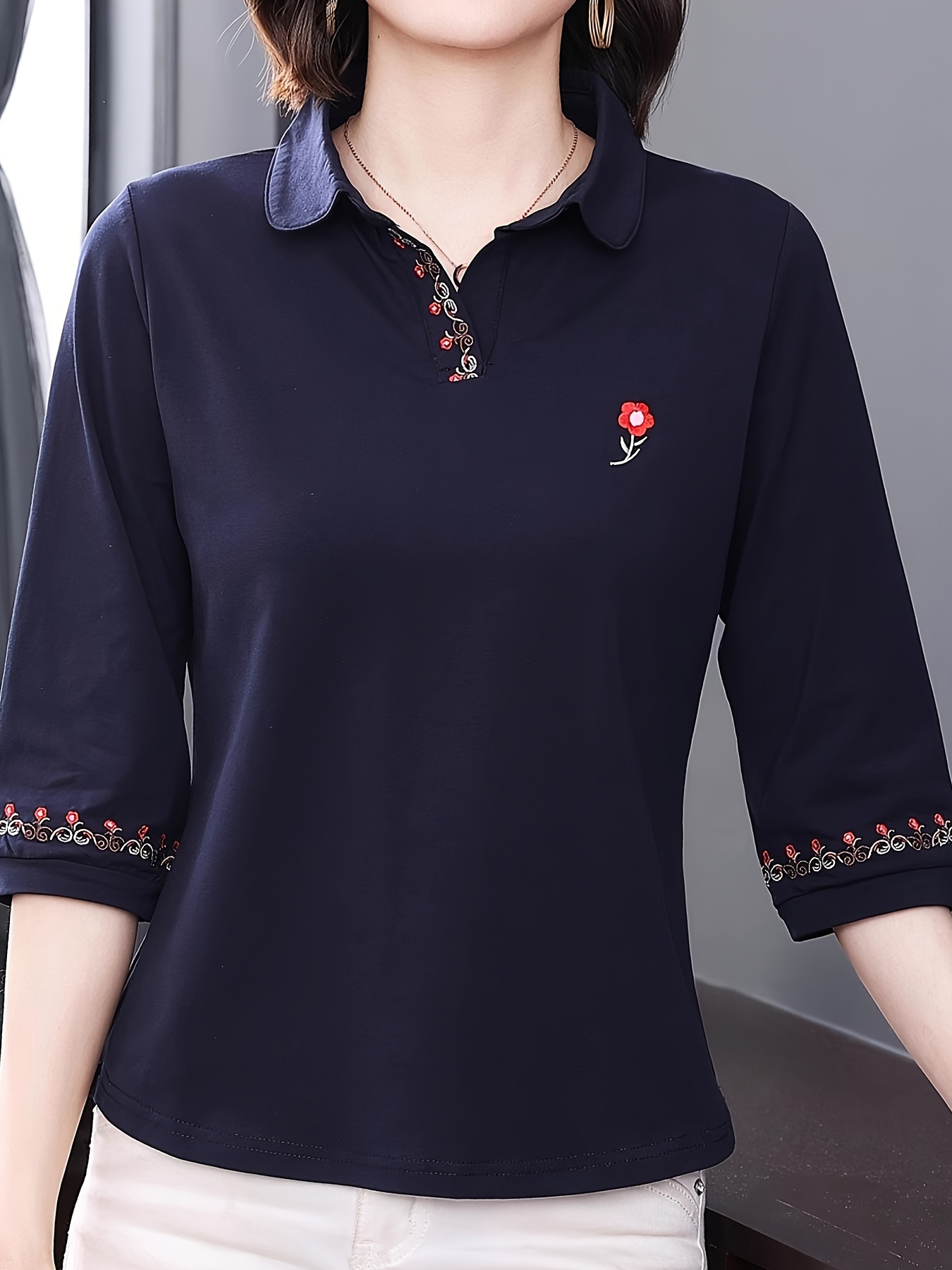 Embroidered *-Sleeve Loose T-shirt for Women New Style 2024 Spring and  Autumn Clothes Fashionable Collared Top for Middle-aged and Elderly Mothers